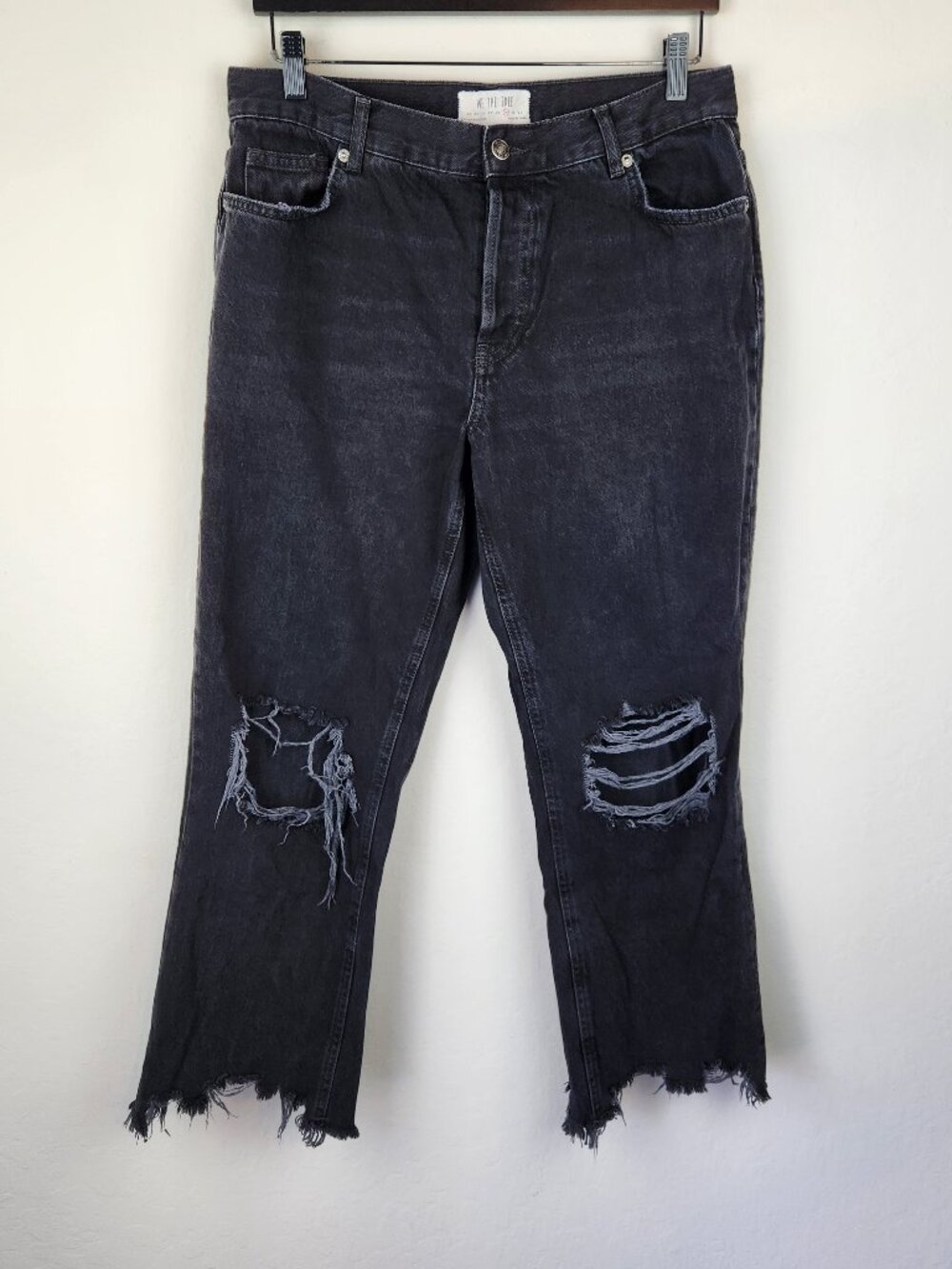 Free People We The Free Maggie Distressed Mid Rise Straight Leg Jeans Black 29